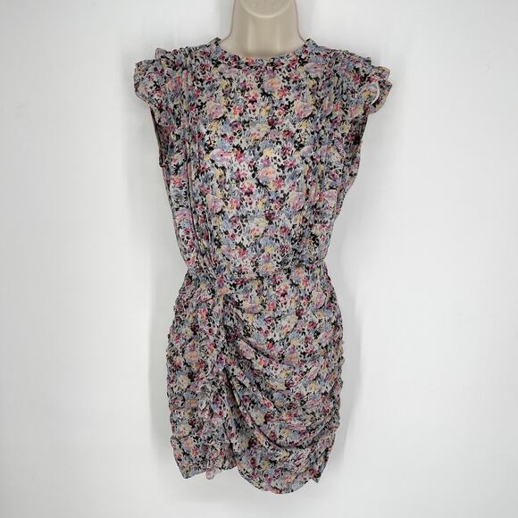 All Saints Hali Sketch Mini Dress Womens Sz 2 Multi Floral Ruffle Lined Back Zip - Picture 1 of 12